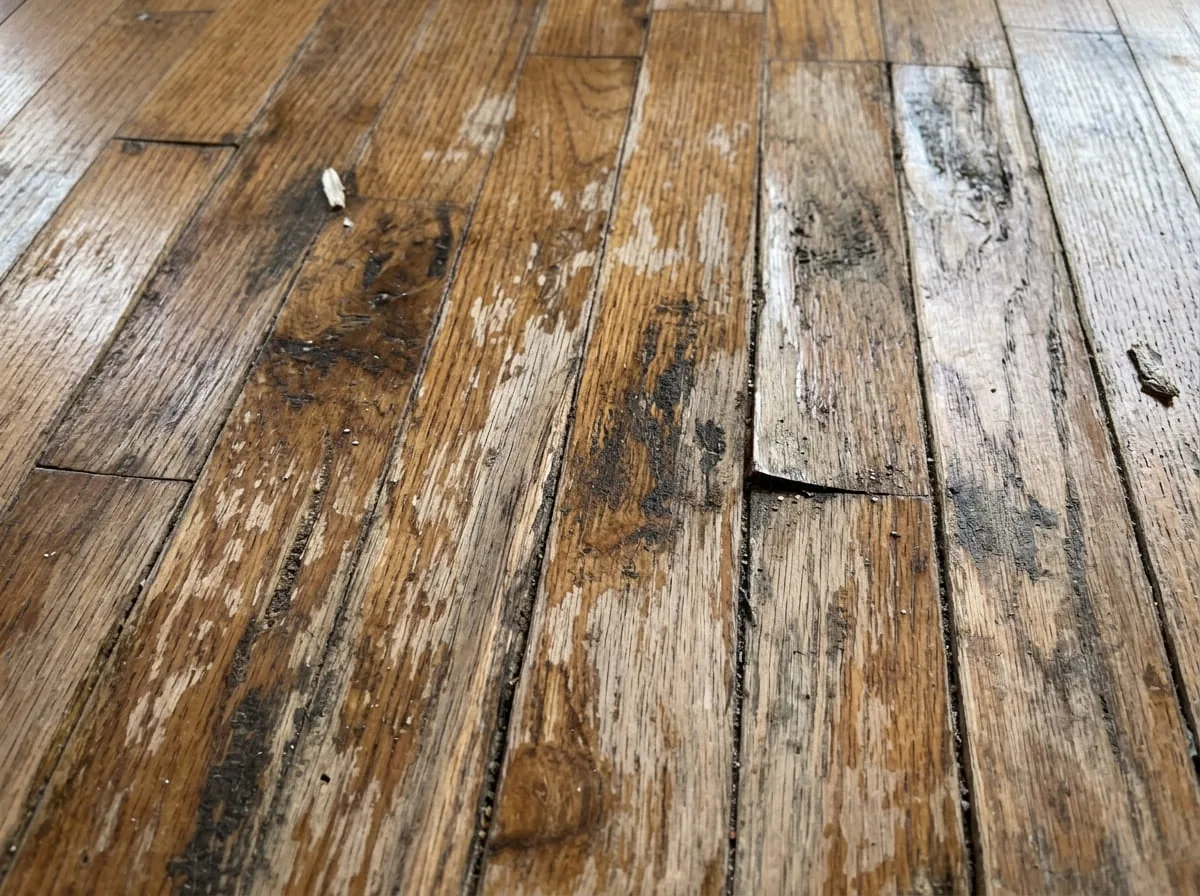 Close-up of hardwood flooring boards buckling and cupping after sustained water exposure