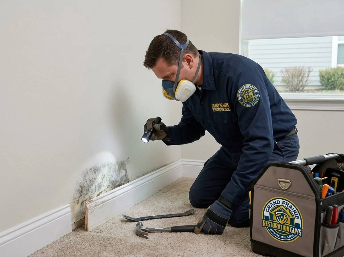 Technician using a flashlight to examine mold growth along a baseboard, tool bag open nearby