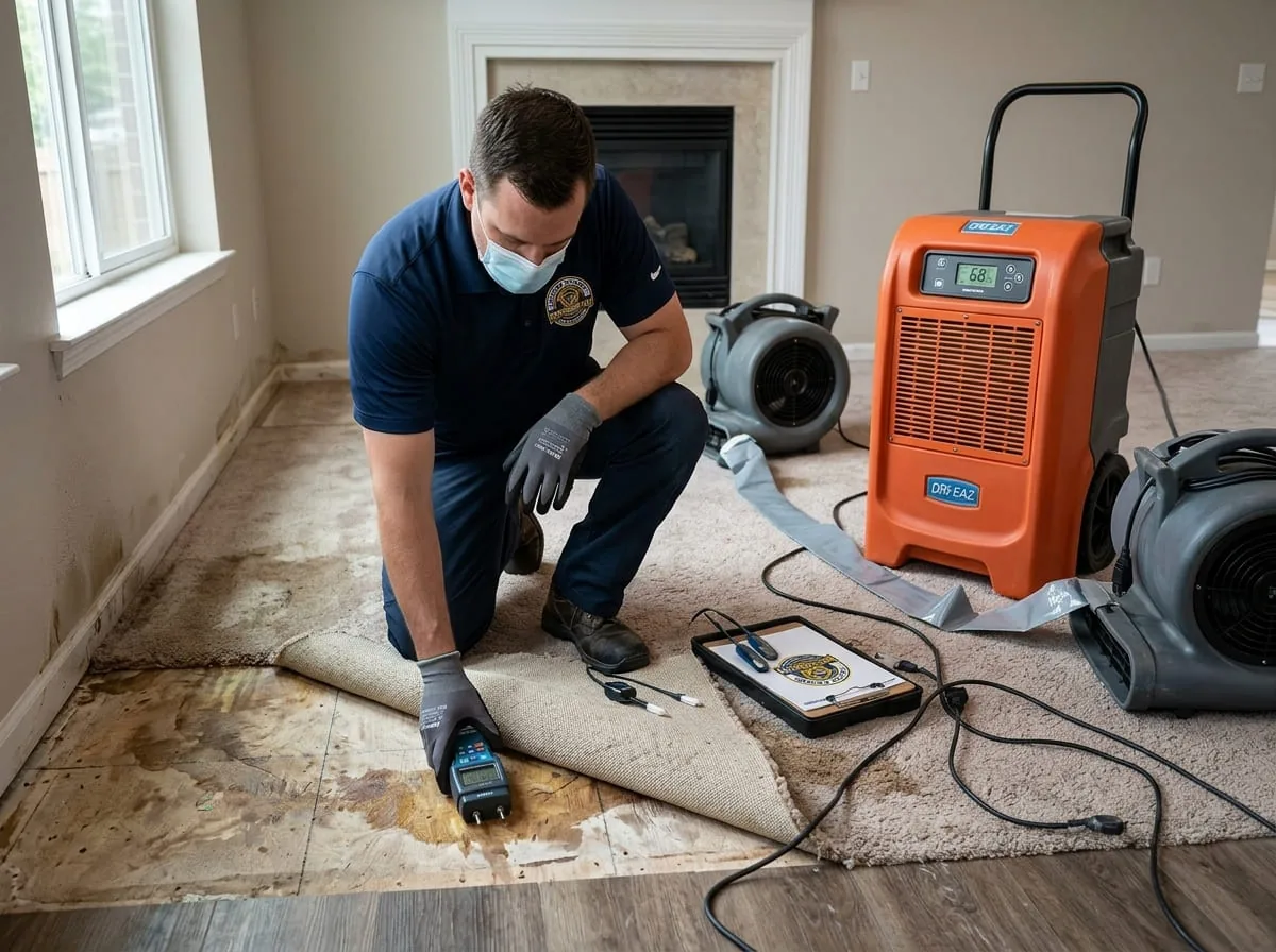 Technician checking moisture under a pulled-back section of wet carpet next to a portable dehumidifier