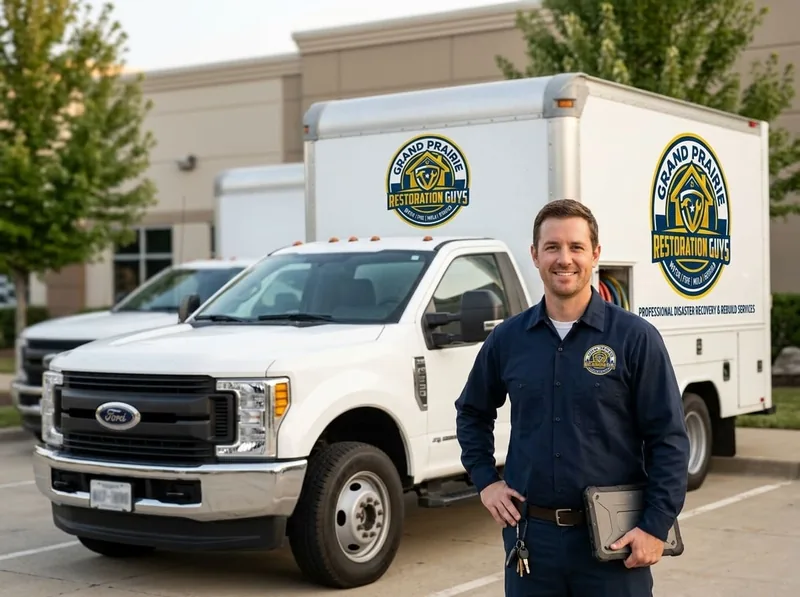 Restoration technician standing beside a service truck marked with the Grand Prairie Restoration Guys logo