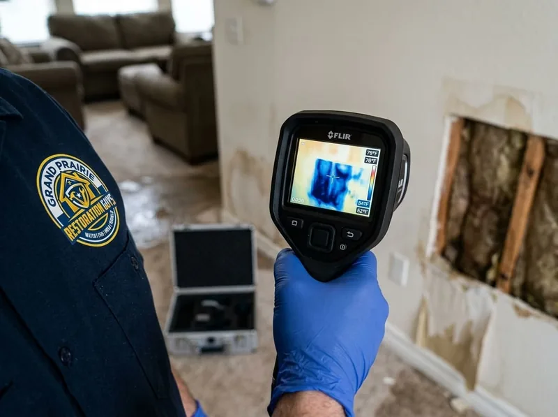 Technician holding a FLIR thermal imaging camera up to a water-stained wall with an inspection opening cut into the drywall