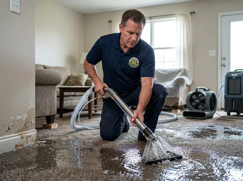 Technician extracting water from a soaked carpet with a handheld extraction wand