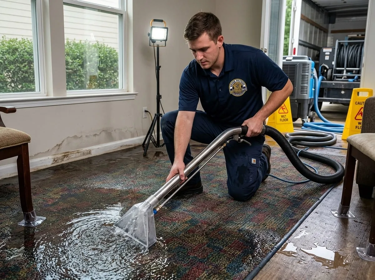 Technician using a carpet extraction wand to remove standing water from a rug in a flooded living room